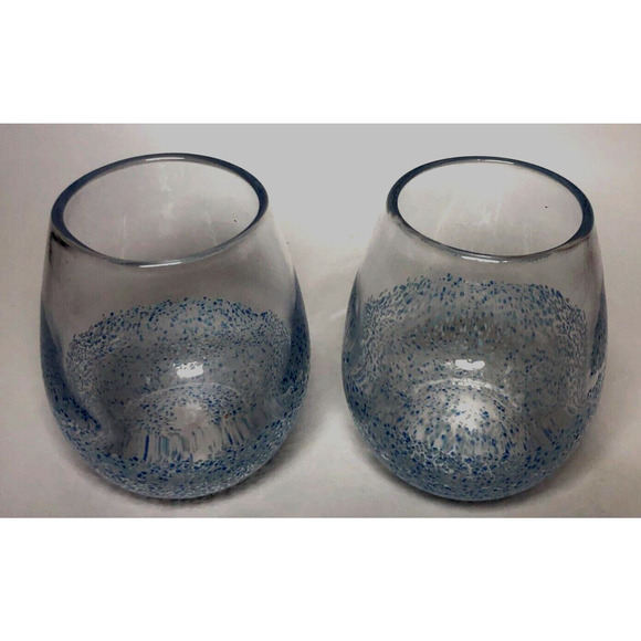Set 2 Vintage Pier 1 Imports Hand Blown Blue White Confetti Stemless Wine Glass - Picture 4 of 4